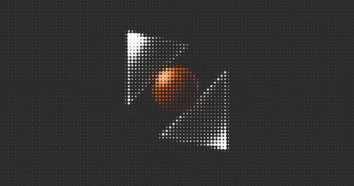 An orange sphere centred between two silver triangles separated diagonally, rendered in dots against a dark grey background.