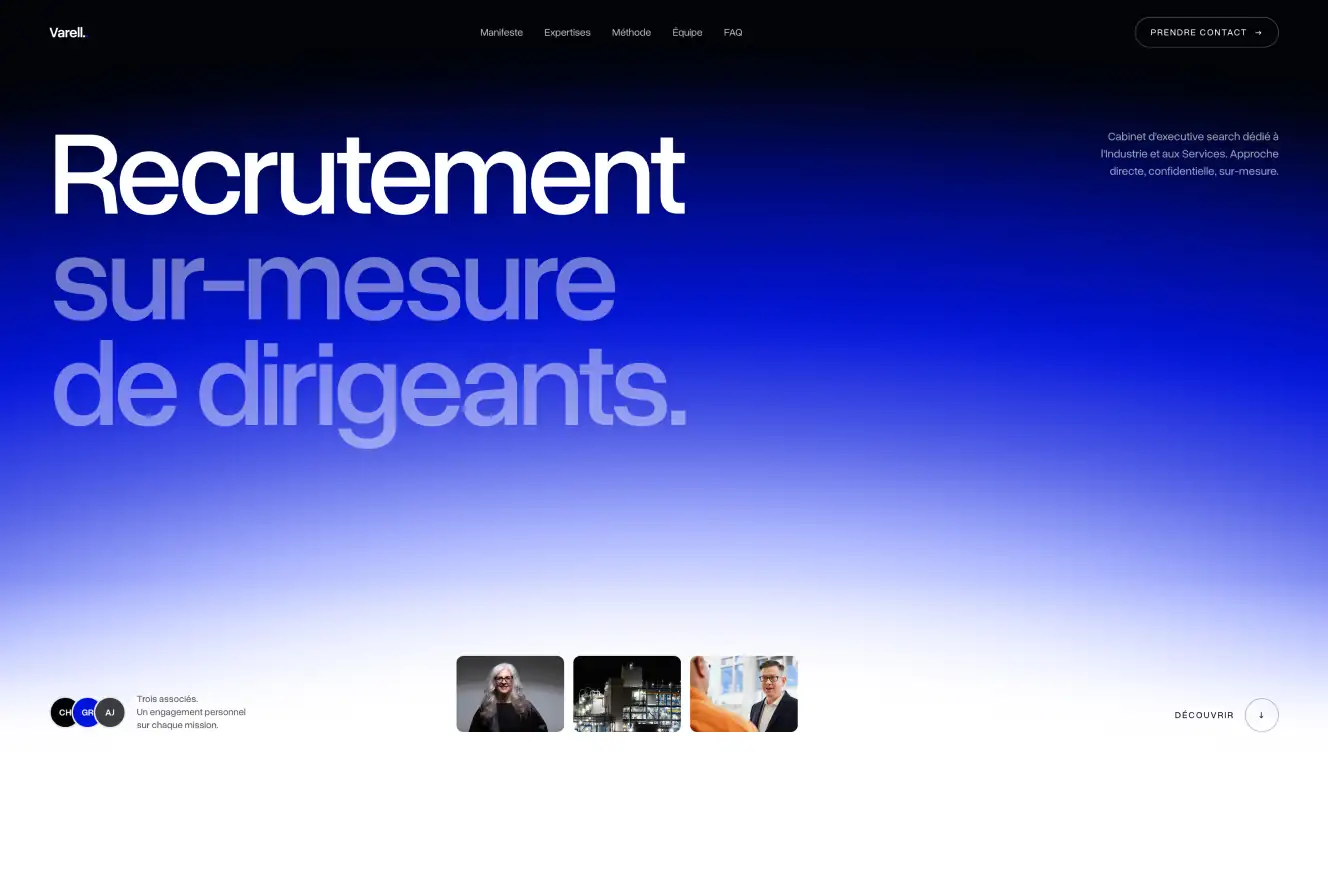 An executive recruitment website: a deep blue gradient and a heading with three levels of contrast.