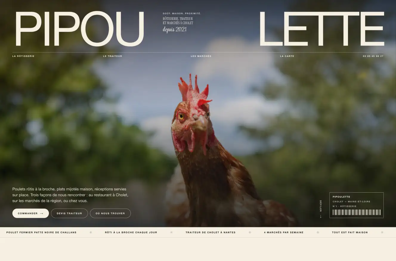 A rotisserie and catering website: a wide wordmark above a full-frame photograph.