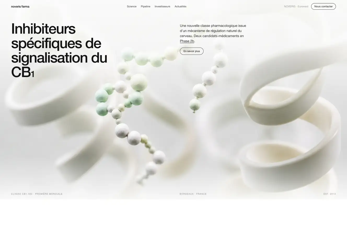 A pharmaceutical biotech website: a scientific heading over a 3D composition of white and pale green molecules.