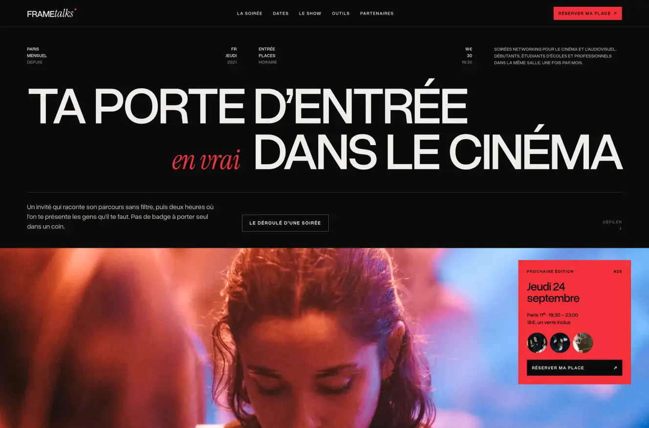 A film event website: uppercase and italic type on a black background with a cinema photograph.