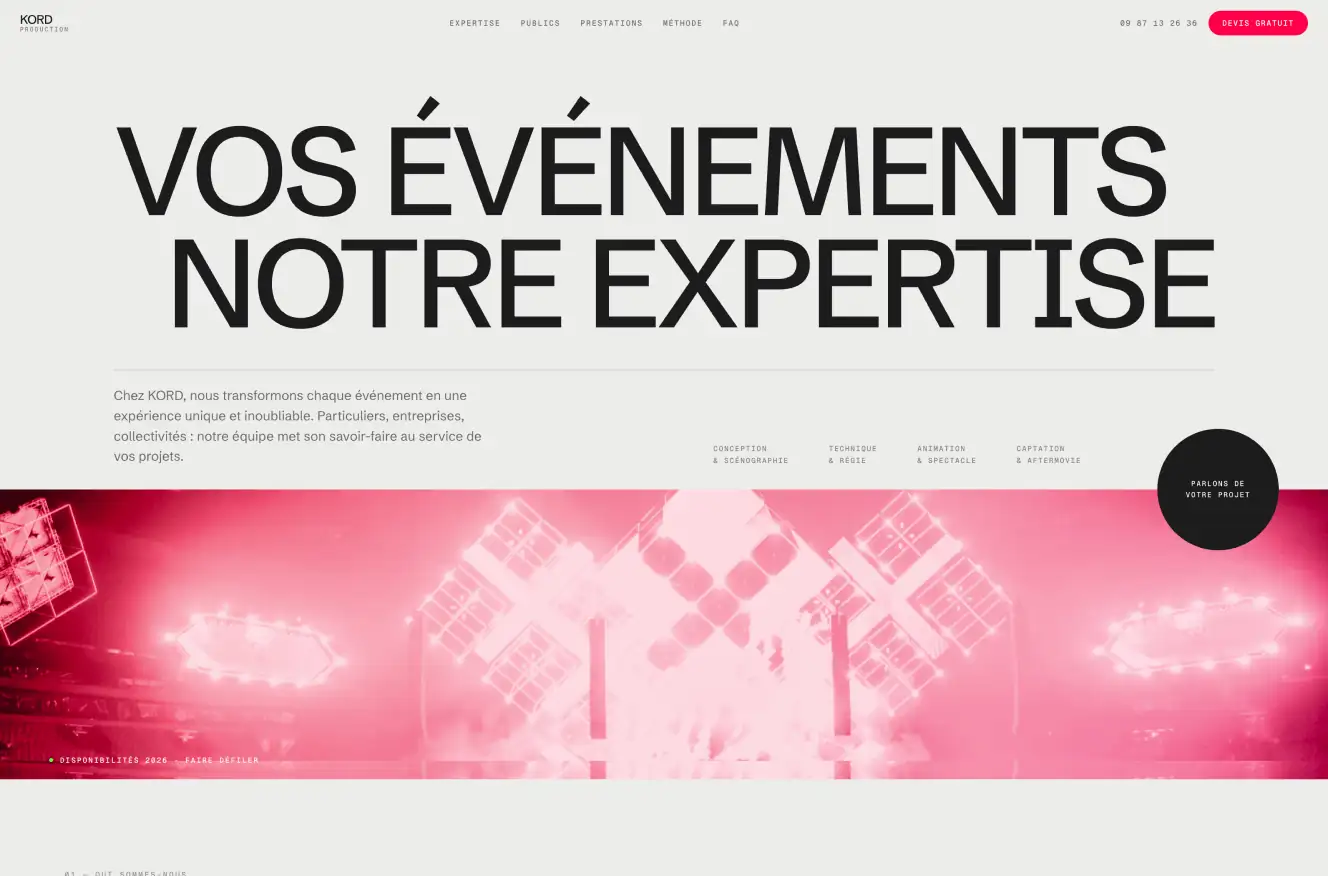 An event production agency website: an oversized heading on a light background and a vibrant photographic banner.