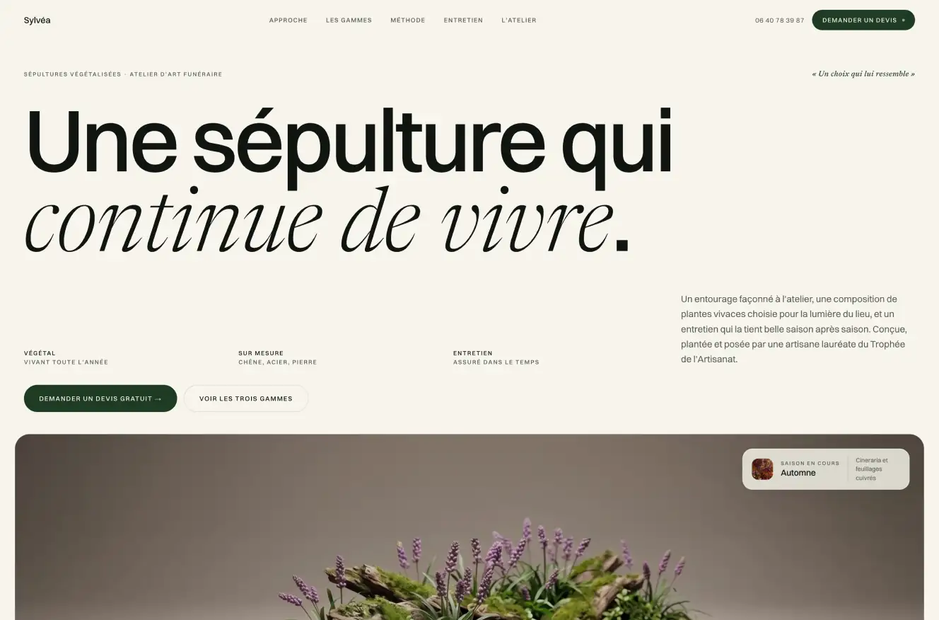 A natural burial website: a heading in two weights and a photograph of a plant arrangement.